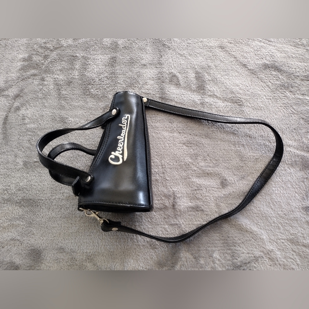 Vintage Y2K Cheerleader Black Megaphone White Embroidered Mini Purse Bag Handbag